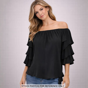 CeCe Black Off Shoulder Ruffle Blouse Boho Romantic Peasant Top Size Medium